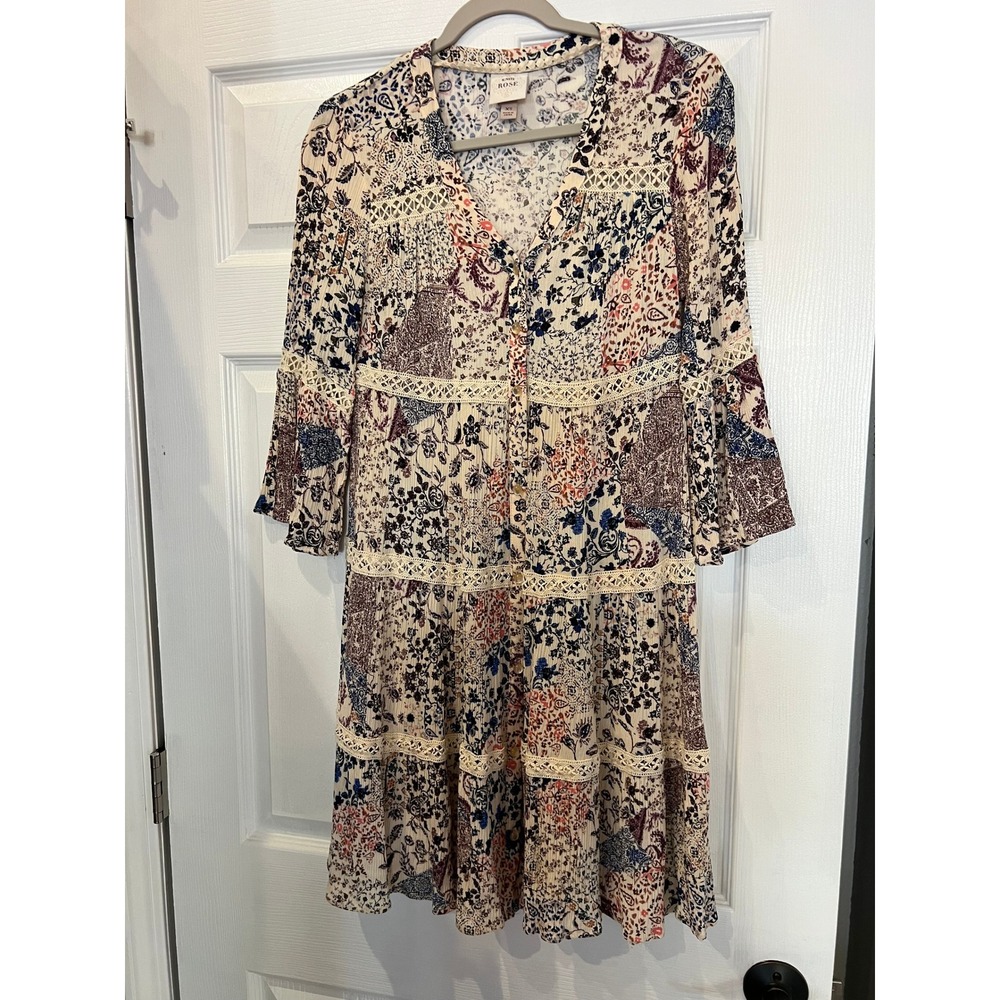 Knox Rose Mini Dress Rayon Crinkle Floral Paisley Patchwork Boho Bell Sleeve XS